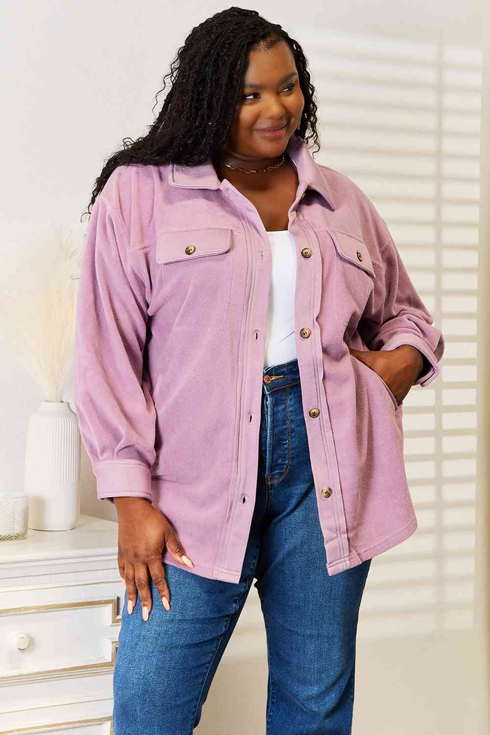 Heimish Cozy Girl Full Size Button Down Shacket lavender