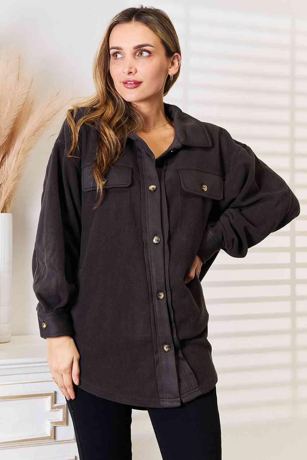 Heimish Cozy Girl Full Size Button Down Shacket Charcoal