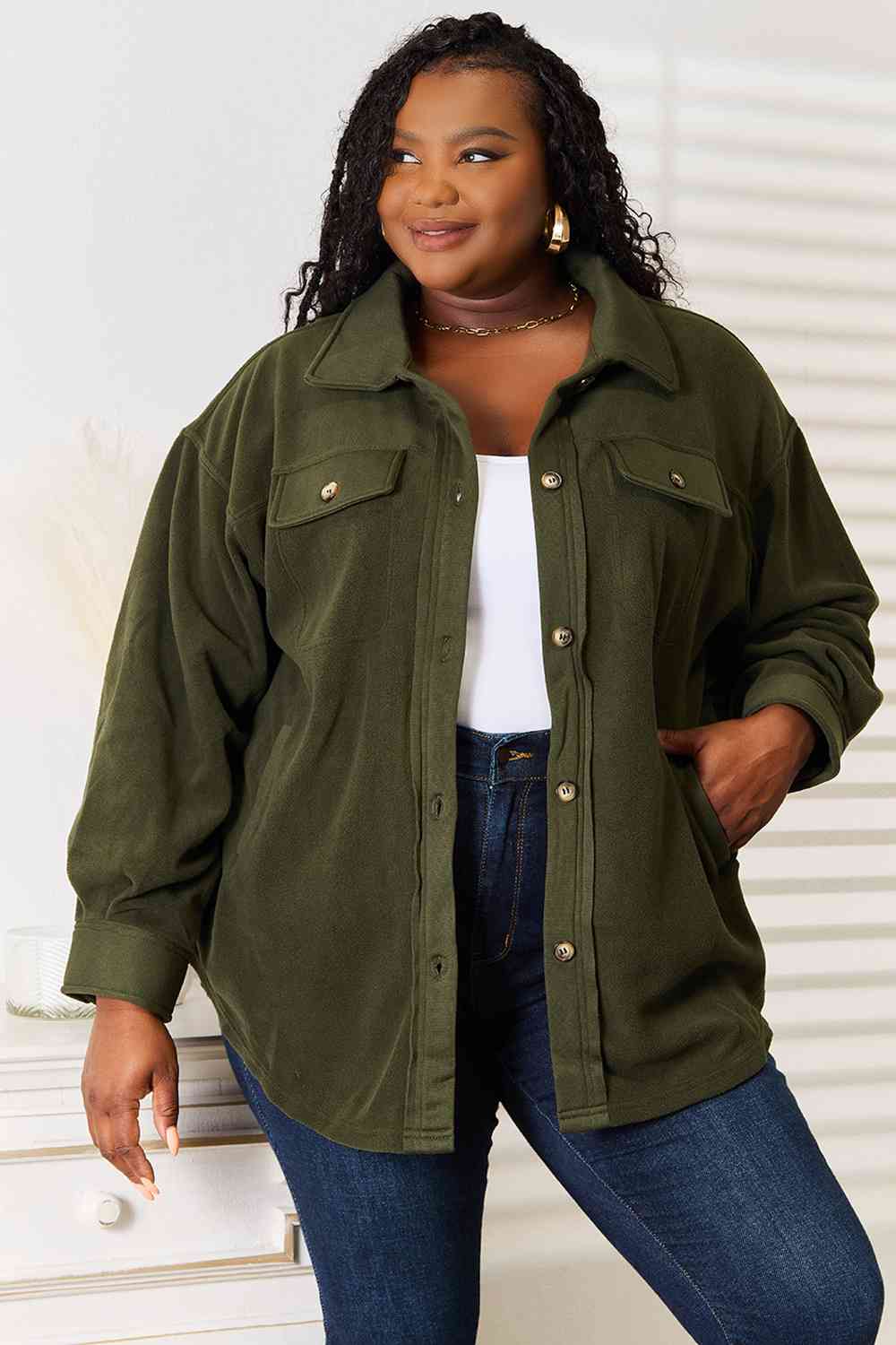 Heimish Cozy Girl Full Size Button Down Shacket Green