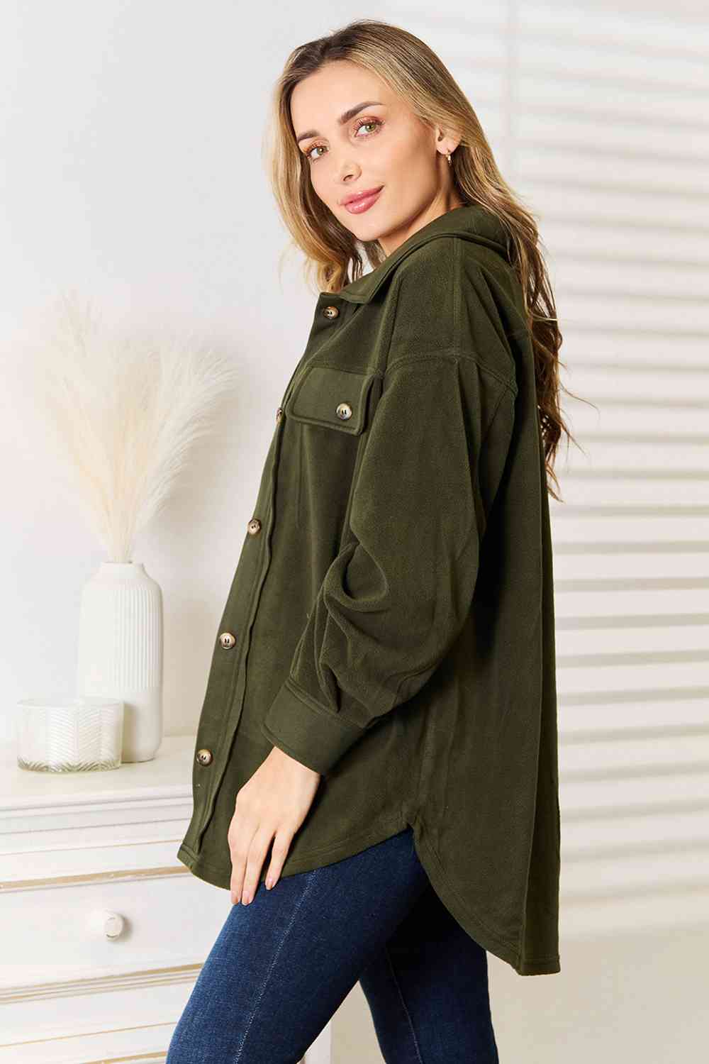 Heimish Cozy Girl Full Size Button Down Shacket Green