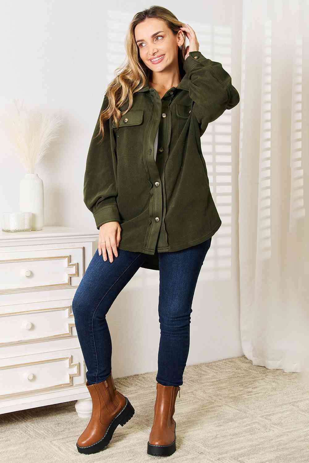 Heimish Cozy Girl Full Size Button Down Shacket Green