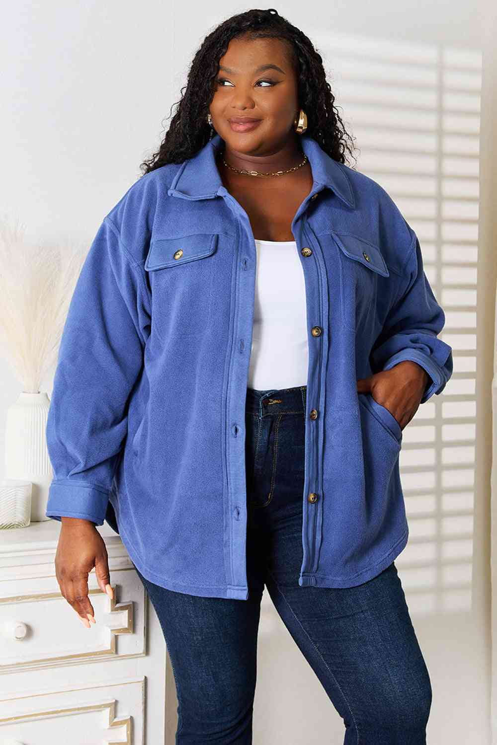 Heimish Cozy Girl Full Size Button Down Shacket Blue