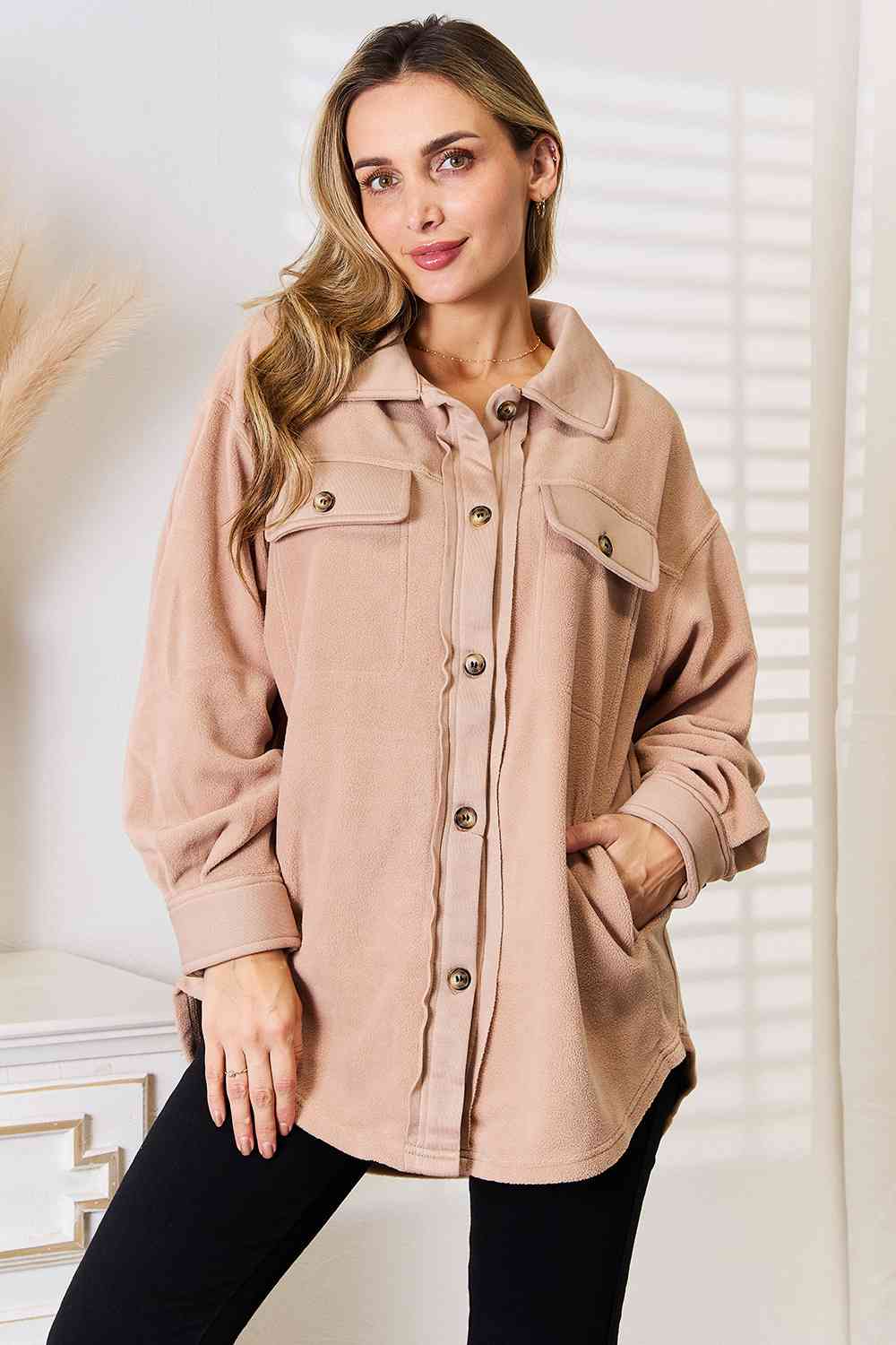 Heimish Cozy Girl Full Size Button Down Shacket Apricot