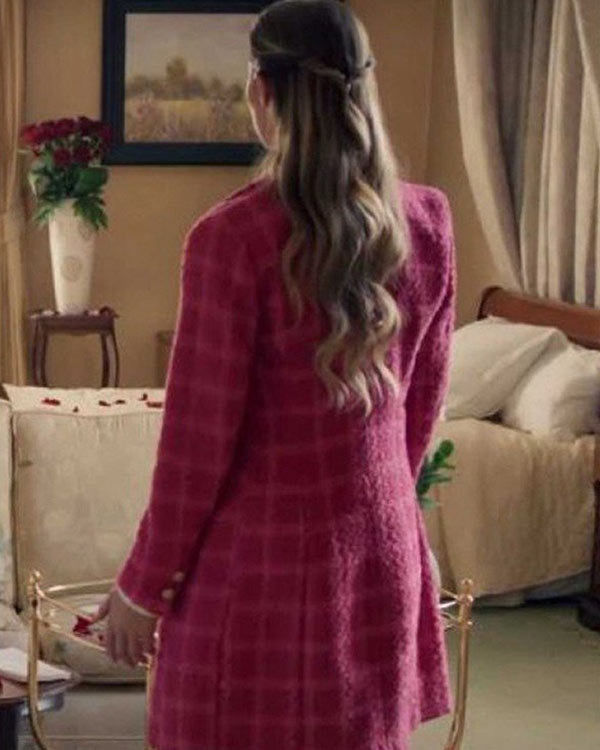 A Paris Proposal 2023 Alexa Penavega Pink Plaid Coat