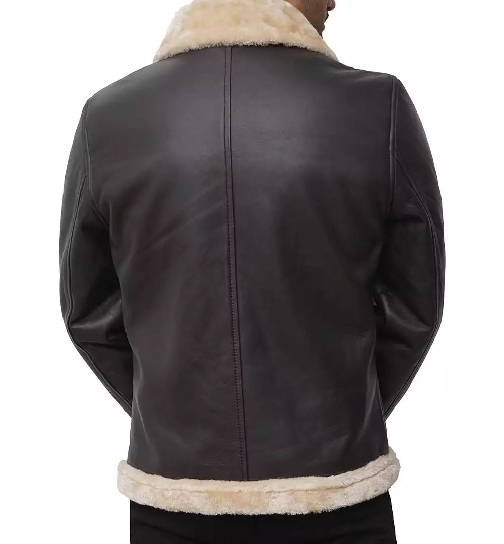 Mens Real Leather Dark Brown Shearling Bomber Jacket