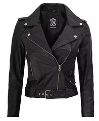 Nellie Black Asymmetrical Cropped Leather Jacket Womens