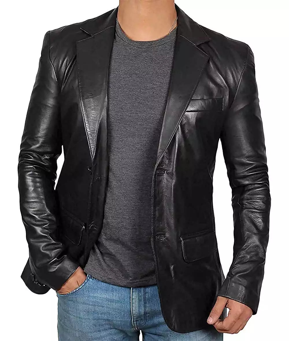 Mens Tall Two Button Black Leather Blazer Jacket