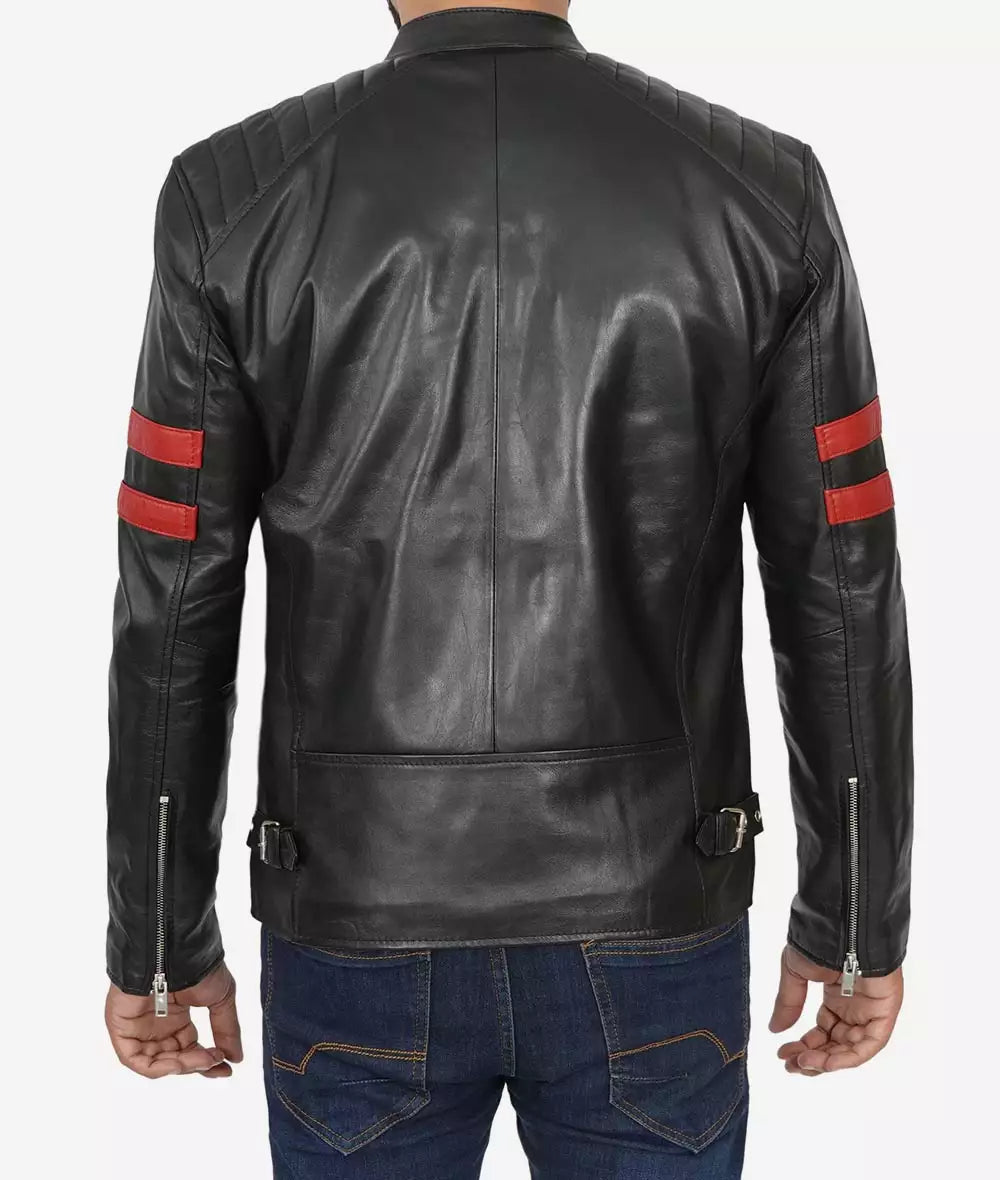 Mens Black Cafe Racer Leather Jacket - Red Striped Biker Jacket