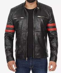 Mens Black Cafe Racer Leather Jacket - Red Striped Biker Jacket