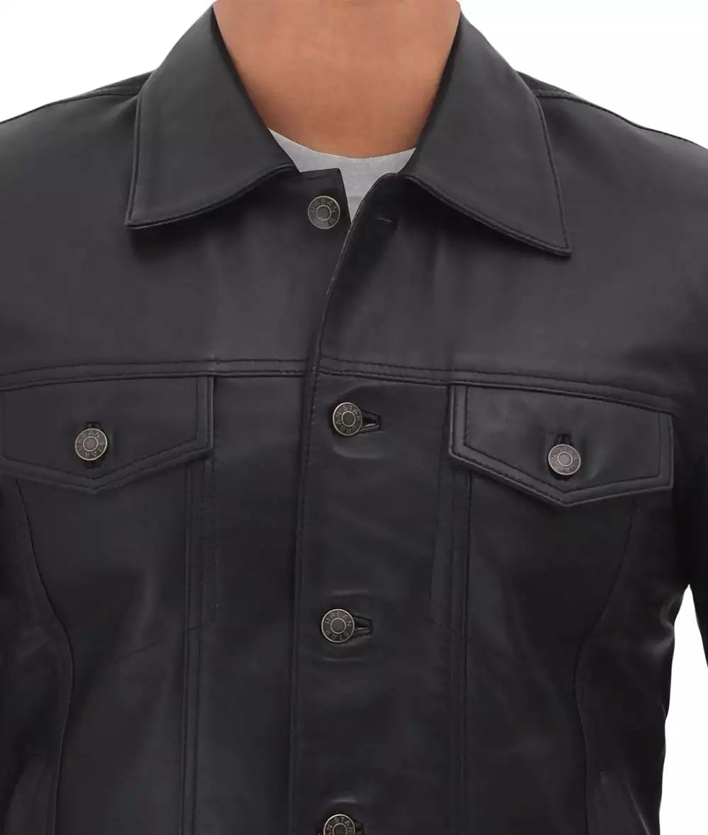 Mens Four Pockets Black Leather Trucker Jacket