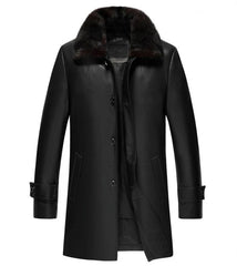 Men's Premium Black Leather 3/4 Length Coat with Shearling Collar