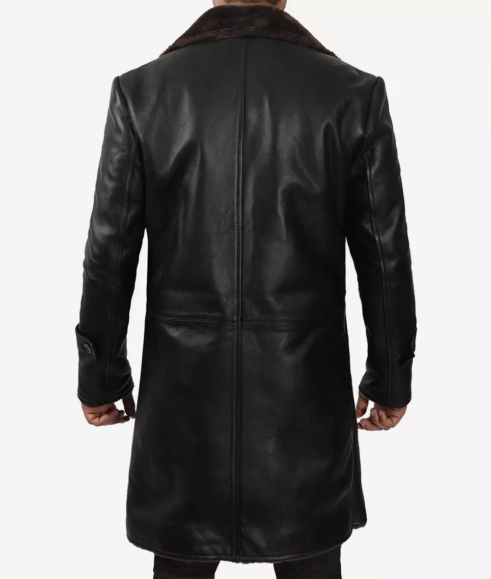 Men's 3/4 Length Black Shearling Coat - Winter Coat