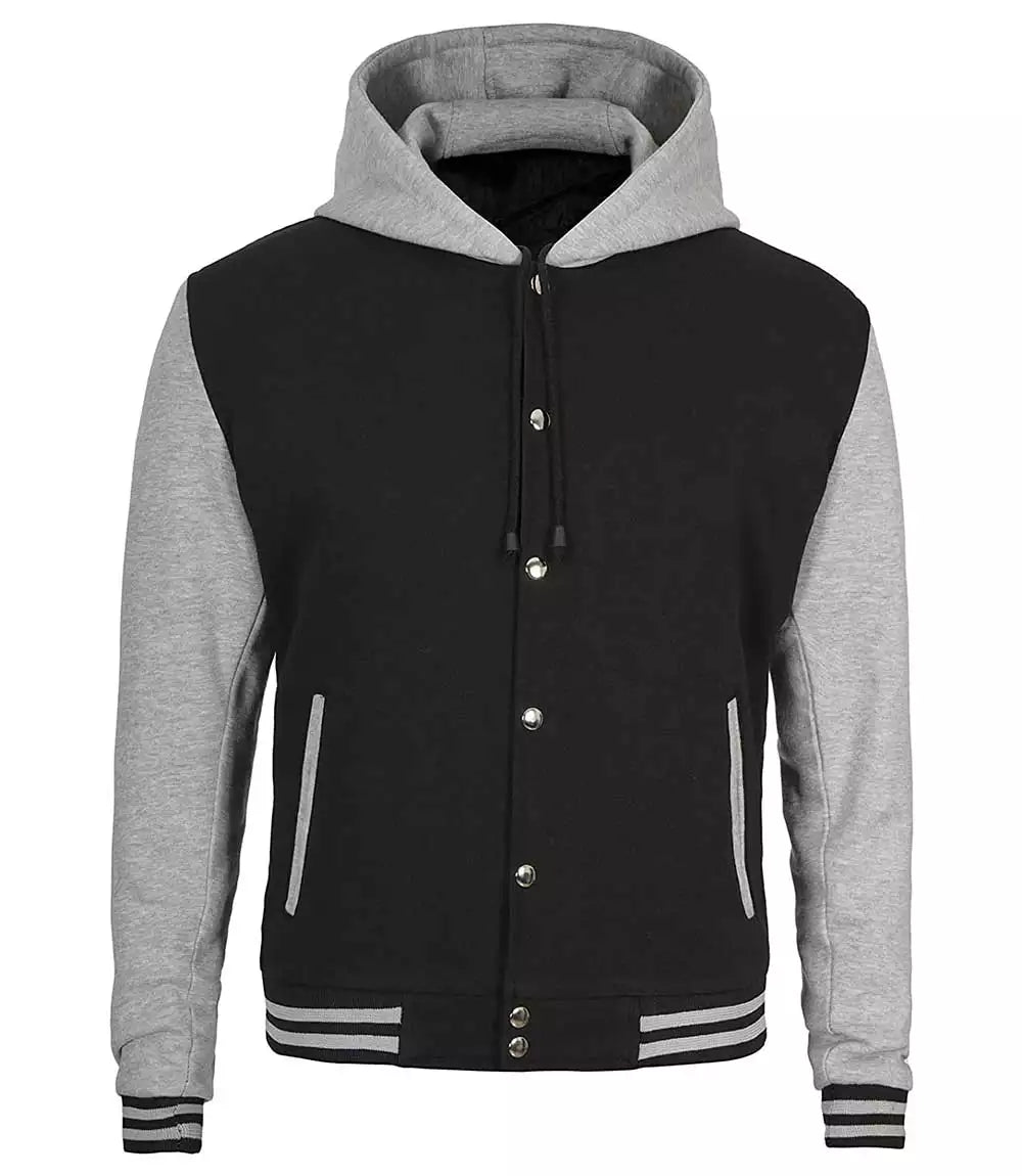 Mens Black and Grey Varsity Jacket with Hood - Baseball College Style