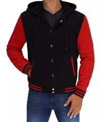 Salerno Men's Black and Red Varsity Jacket with Hood - Highschool Jacket