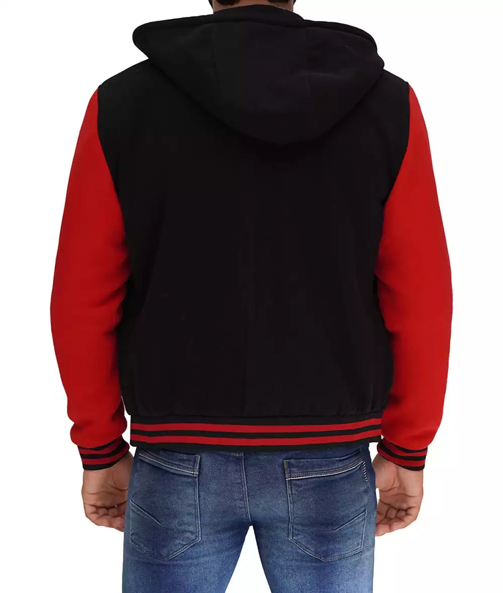 Salerno Men's Black and Red Varsity Jacket with Hood - Highschool Jacket