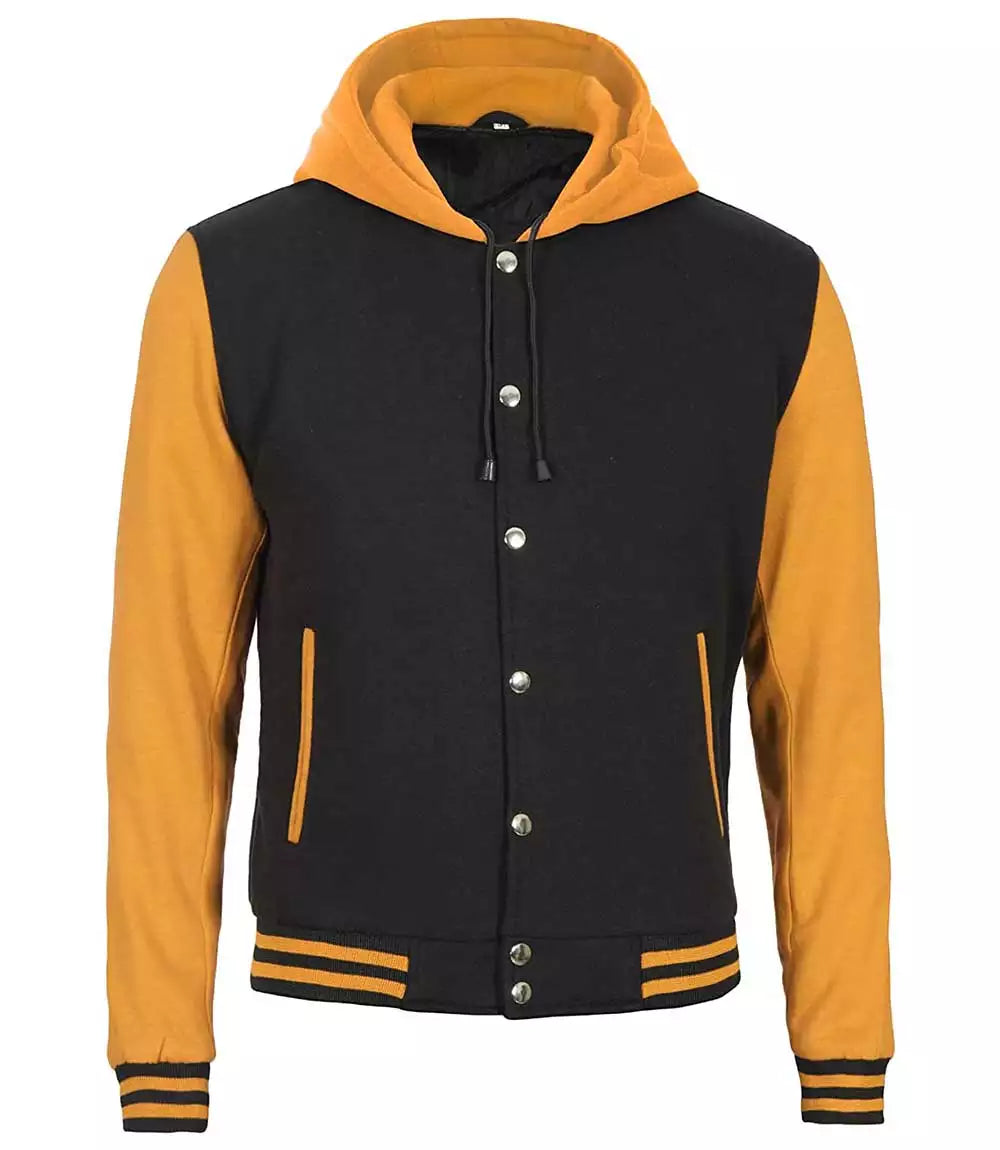 Mens Yellow Black Varsity Jacket with Hood - College Letterman