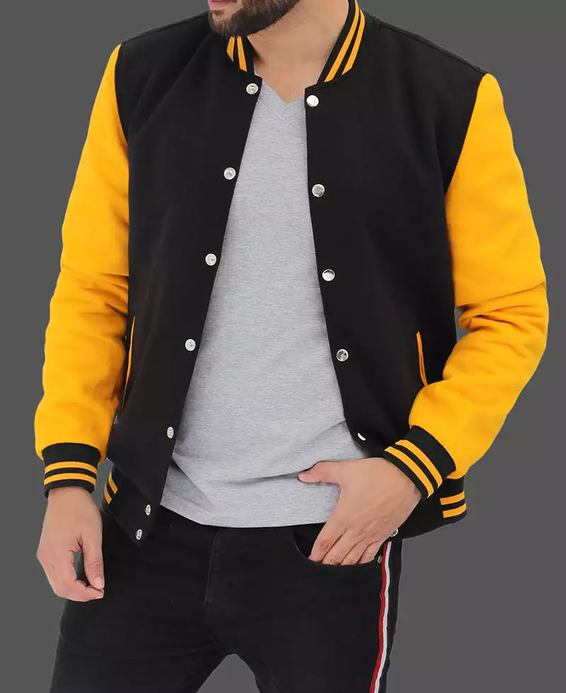 Mens Black and Yellow Letterman Jacket - Classic Varsity Style