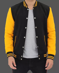 Mens Black and Yellow Letterman Jacket - Classic Varsity Style