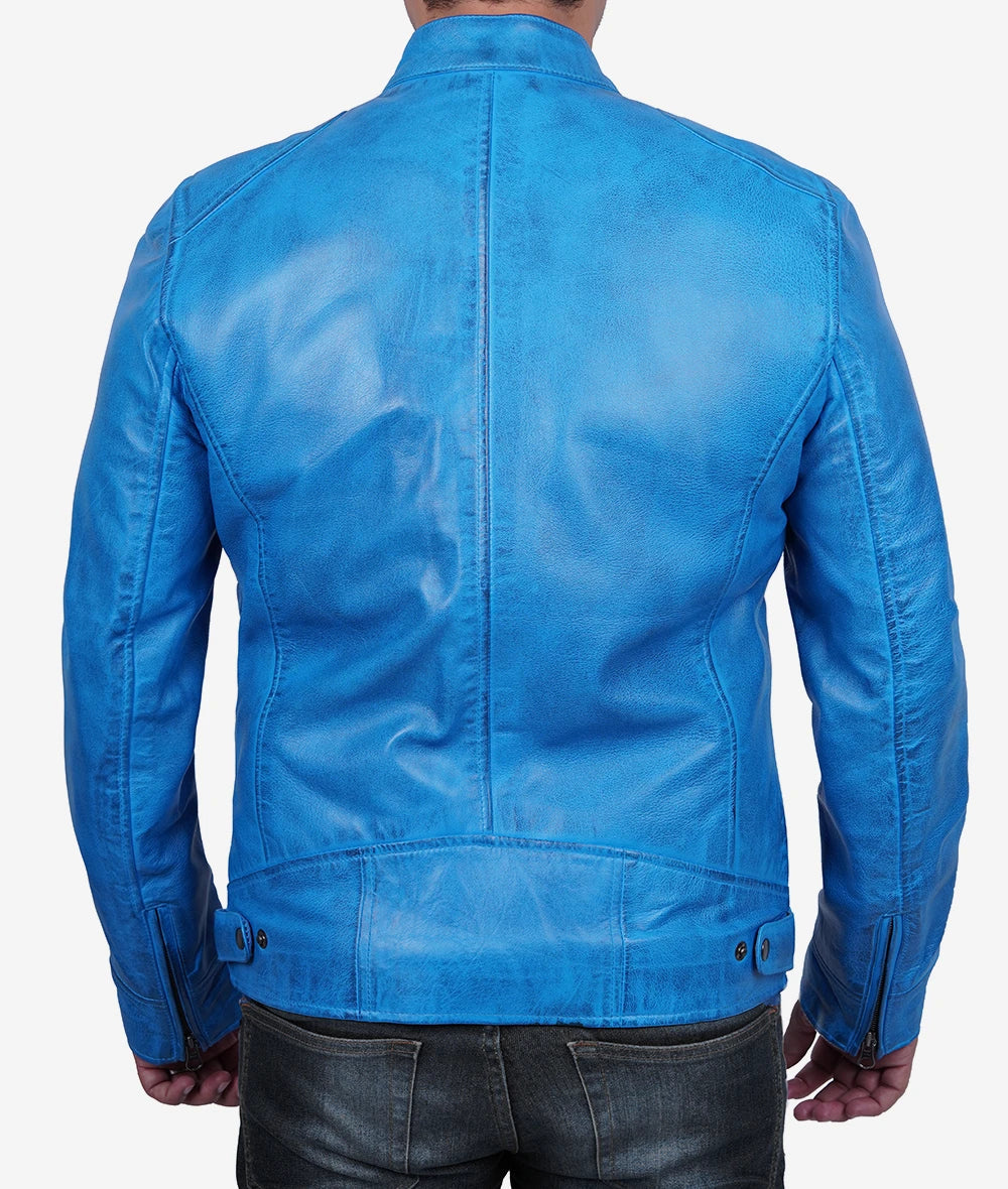 Mens Real Lambskin Leather Blue Cafe Racer Jacket