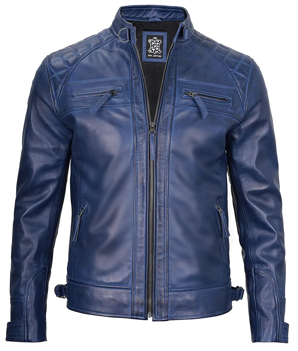 Mens Blue Quilted Shoulder Cafe Racer Leather Jacket