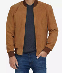 Men's Light Brown Suede Bomber Jacket