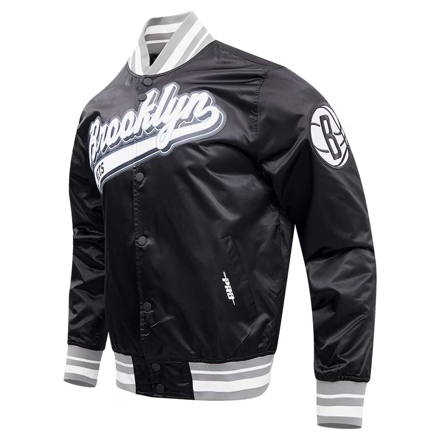 Brooklyn Nets Script Tail Full-Snap Satin Varsity Jacket