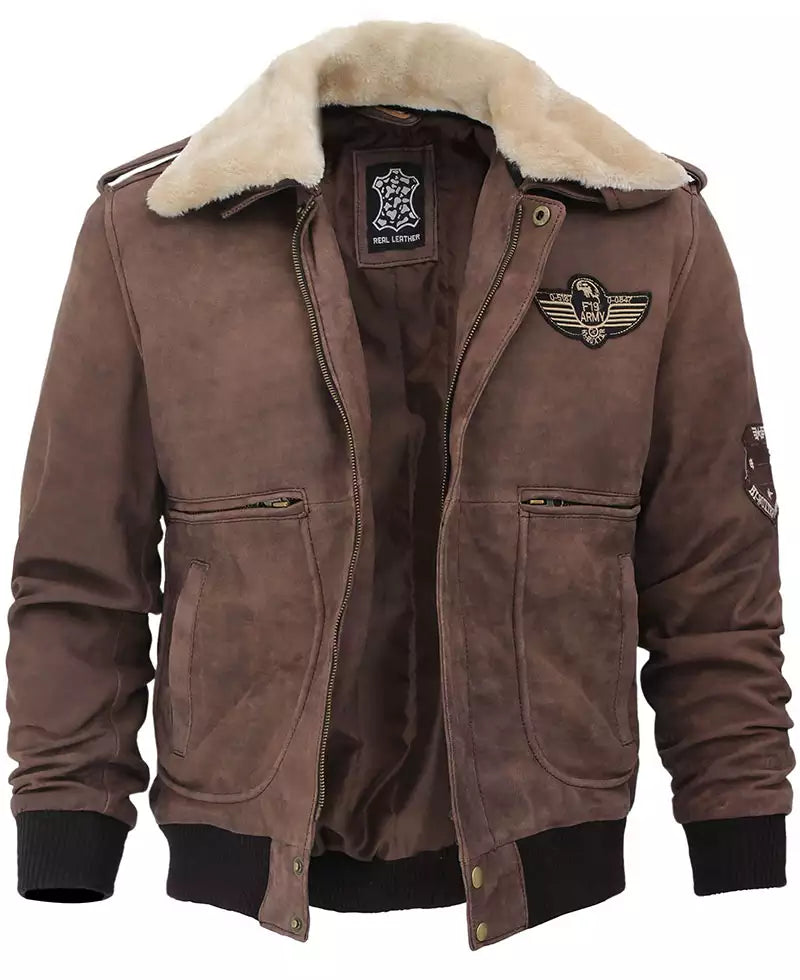 Men's G1 Brown Leather Bomber Aviator Jacket with Shearling Collar