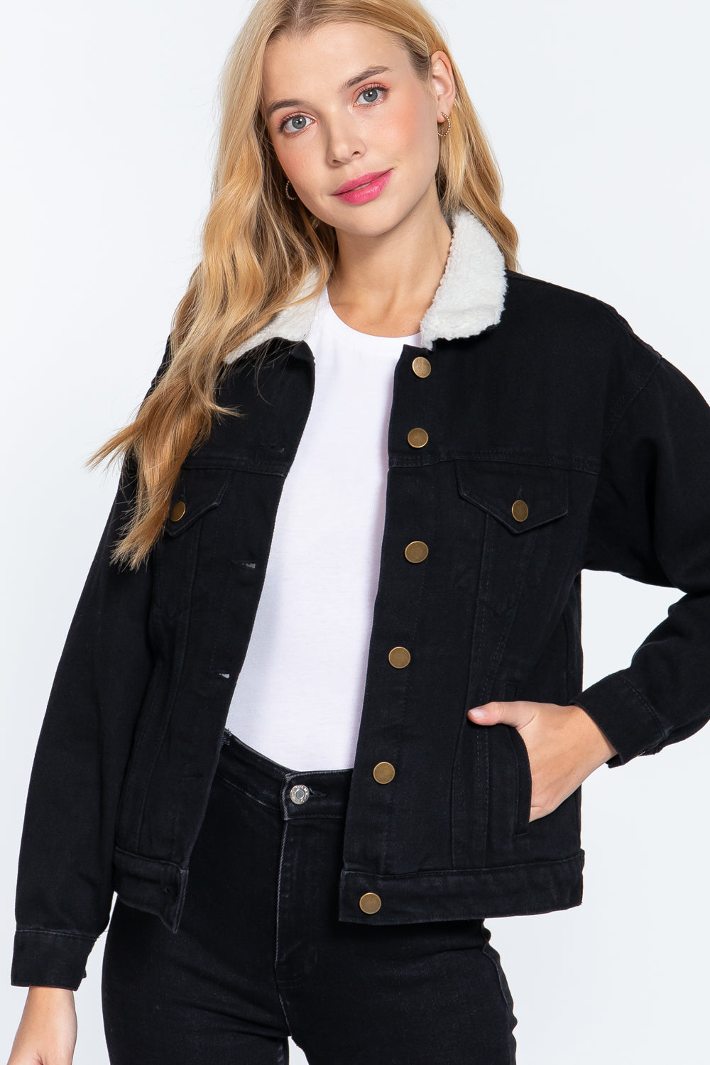 Black Inner Fur Black Oversized Women's Denim Jacket