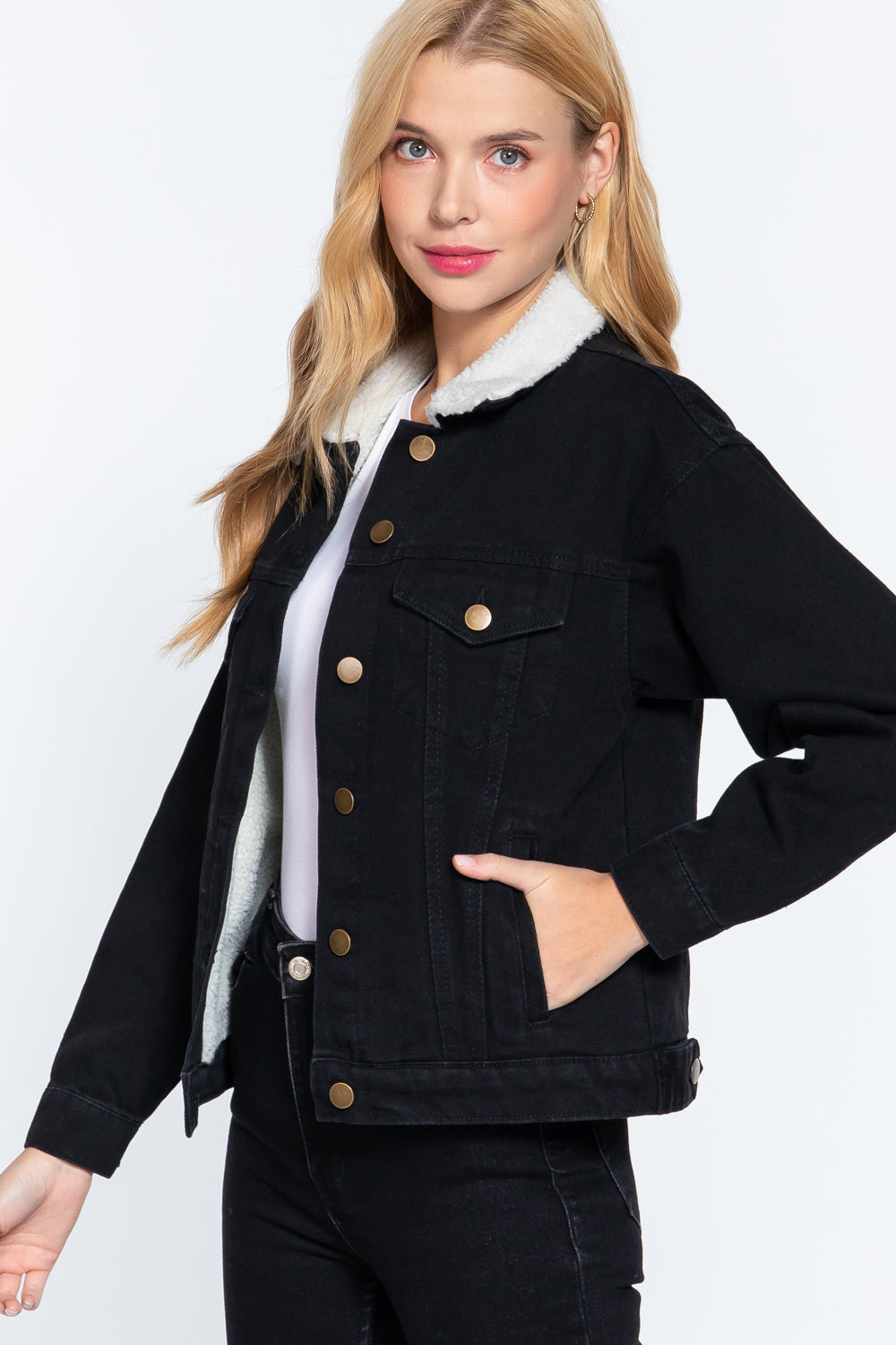 Black Inner Fur Black Oversized Women's Denim Jacket