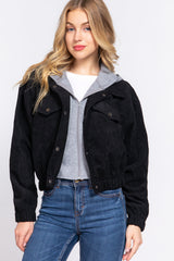 Long Slv Hoodie Corduroy Jacket Black