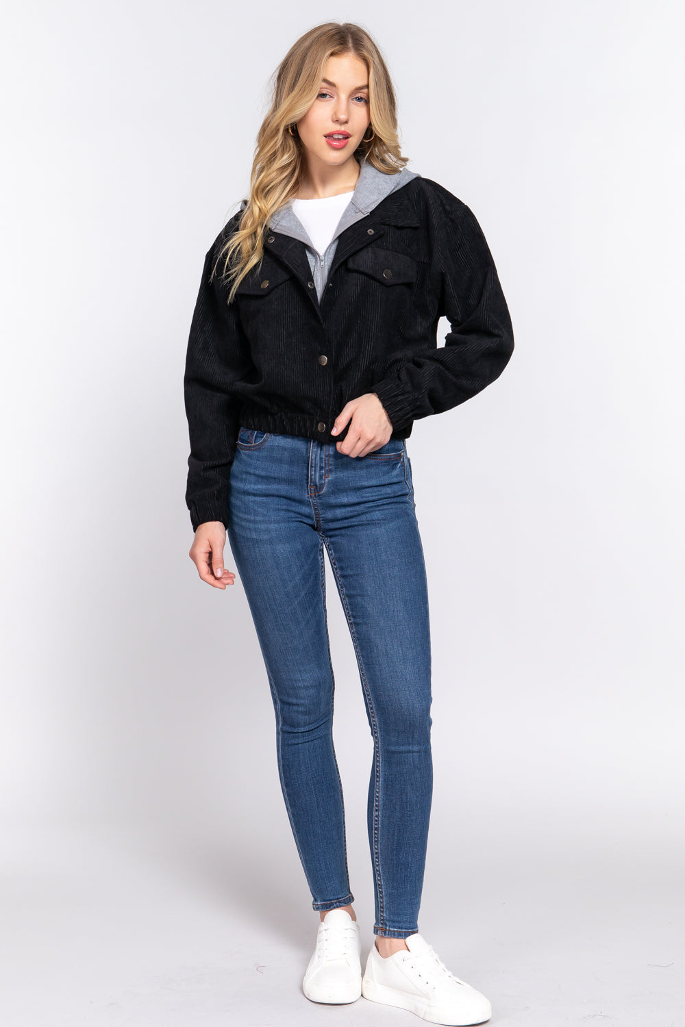 Long Slv Hoodie Corduroy Jacket Black