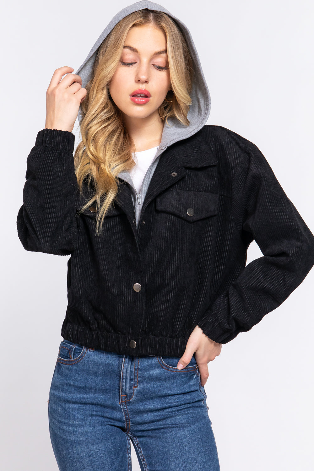 Long Slv Hoodie Corduroy Jacket Black