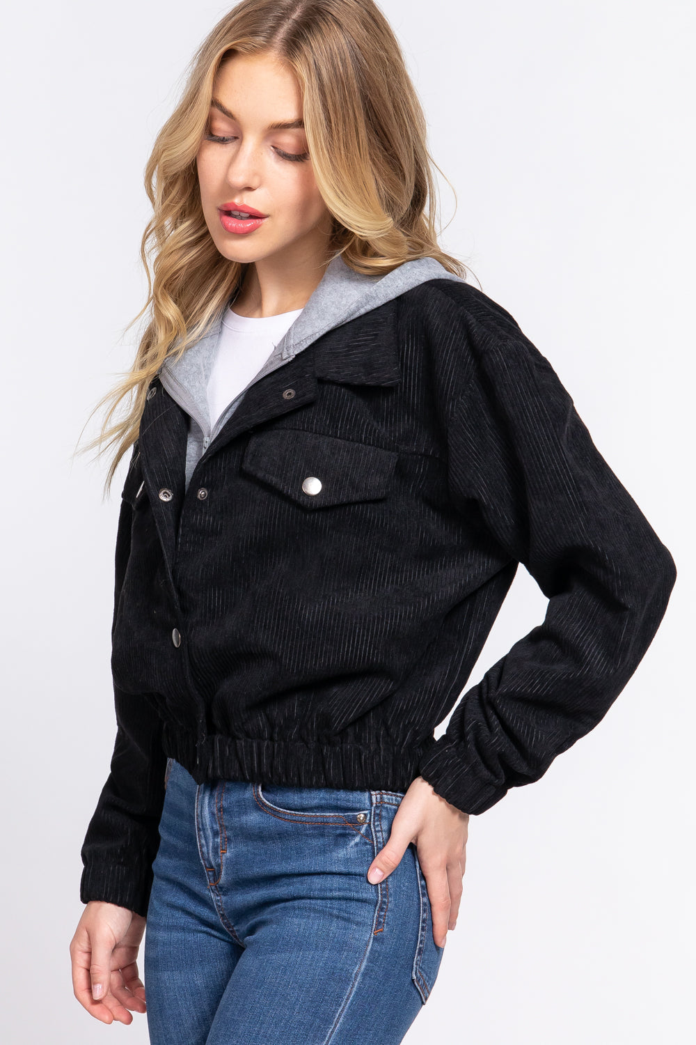 Long Slv Hoodie Corduroy Jacket Black