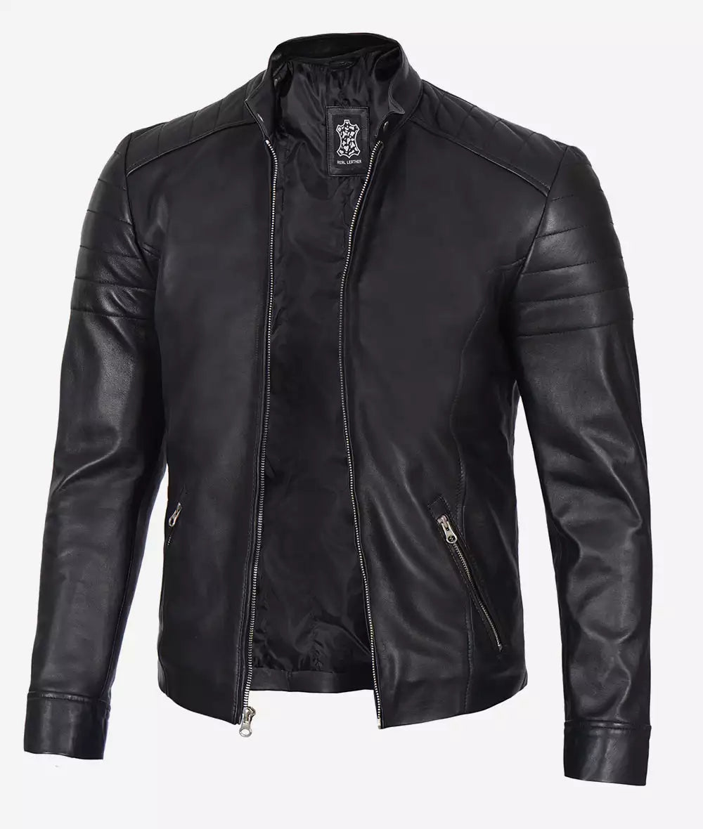 Men's Real Lambskin Leather Black Biker Jacket