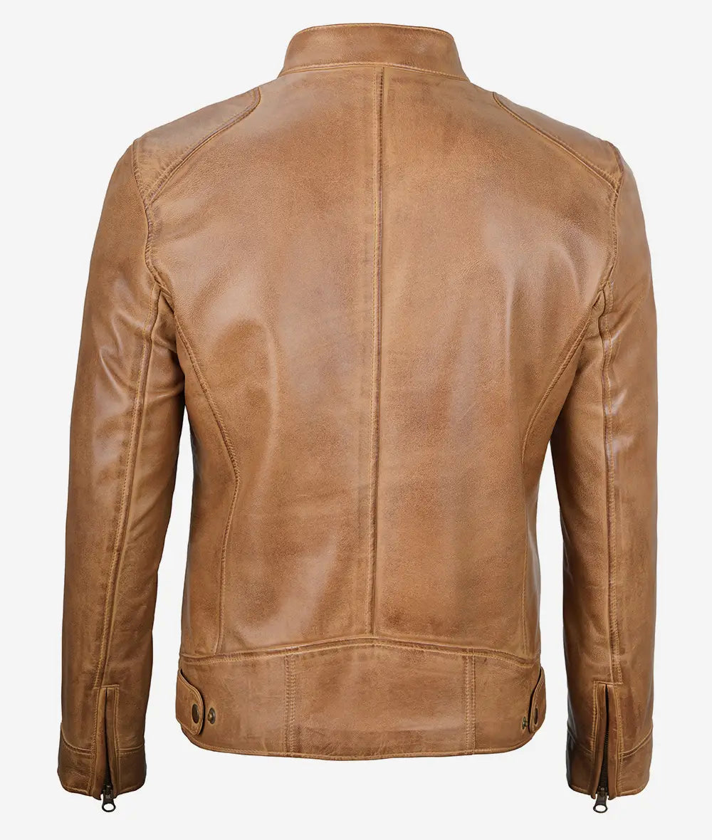 Mens Camel Brown Cafe Racer Leather Jacket