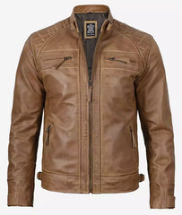 Men's Quilted Shoulder Camel Brown Cafe Racer Leather Jacket