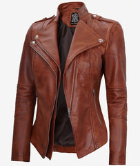 Women's Cognac Motorcycle Leather Jacket