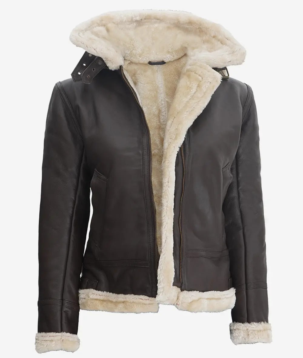 Womens Dark Brown Hooded Shearling Leather Jacket