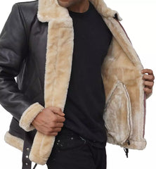 Mens Real Leather Dark Brown Shearling Bomber Jacket