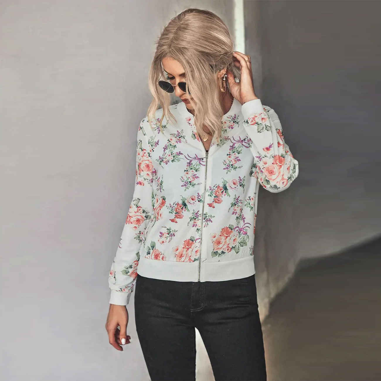 Floral Zip Up Ribbed Trim Bomber Jacket