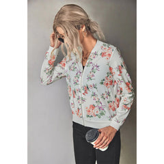 Floral Zip Up Ribbed Trim Bomber Jacket