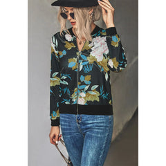 Floral Zip Up Ribbed Trim Bomber Jacket