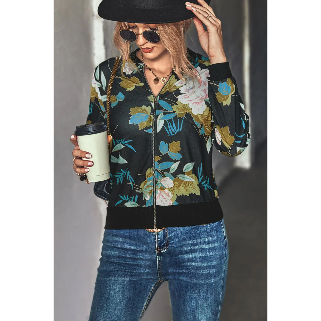 Floral Zip Up Ribbed Trim Bomber Jacket