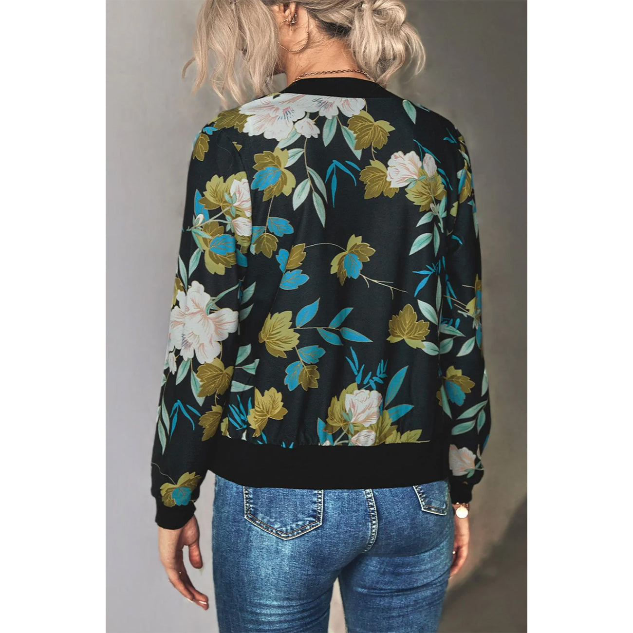 Floral Zip Up Ribbed Trim Bomber Jacket