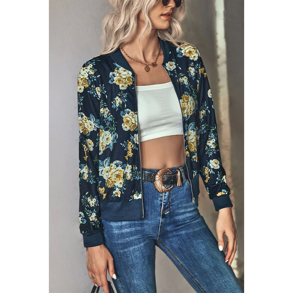 Floral Zip Up Ribbed Trim Bomber Jacket