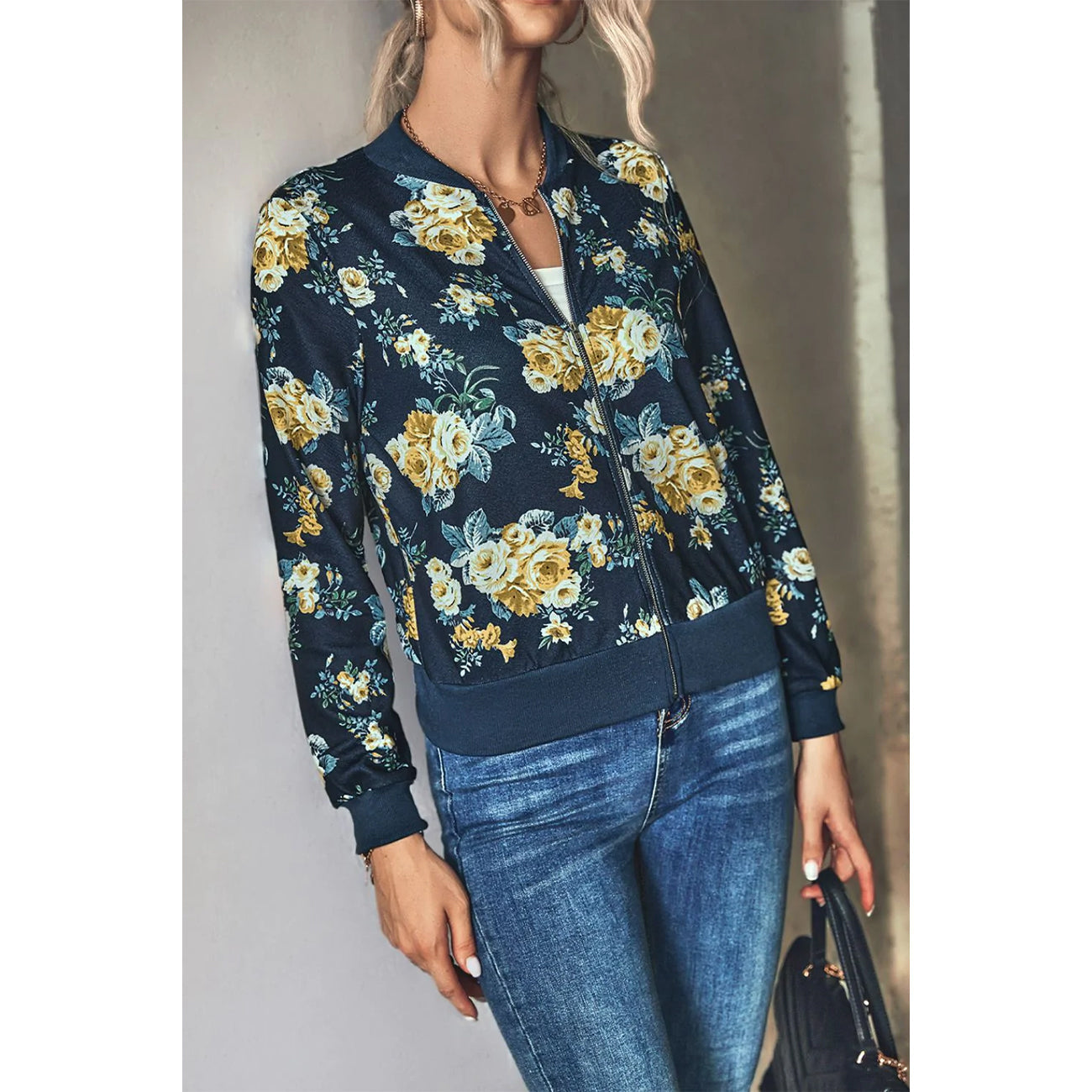 Floral Zip Up Ribbed Trim Bomber Jacket