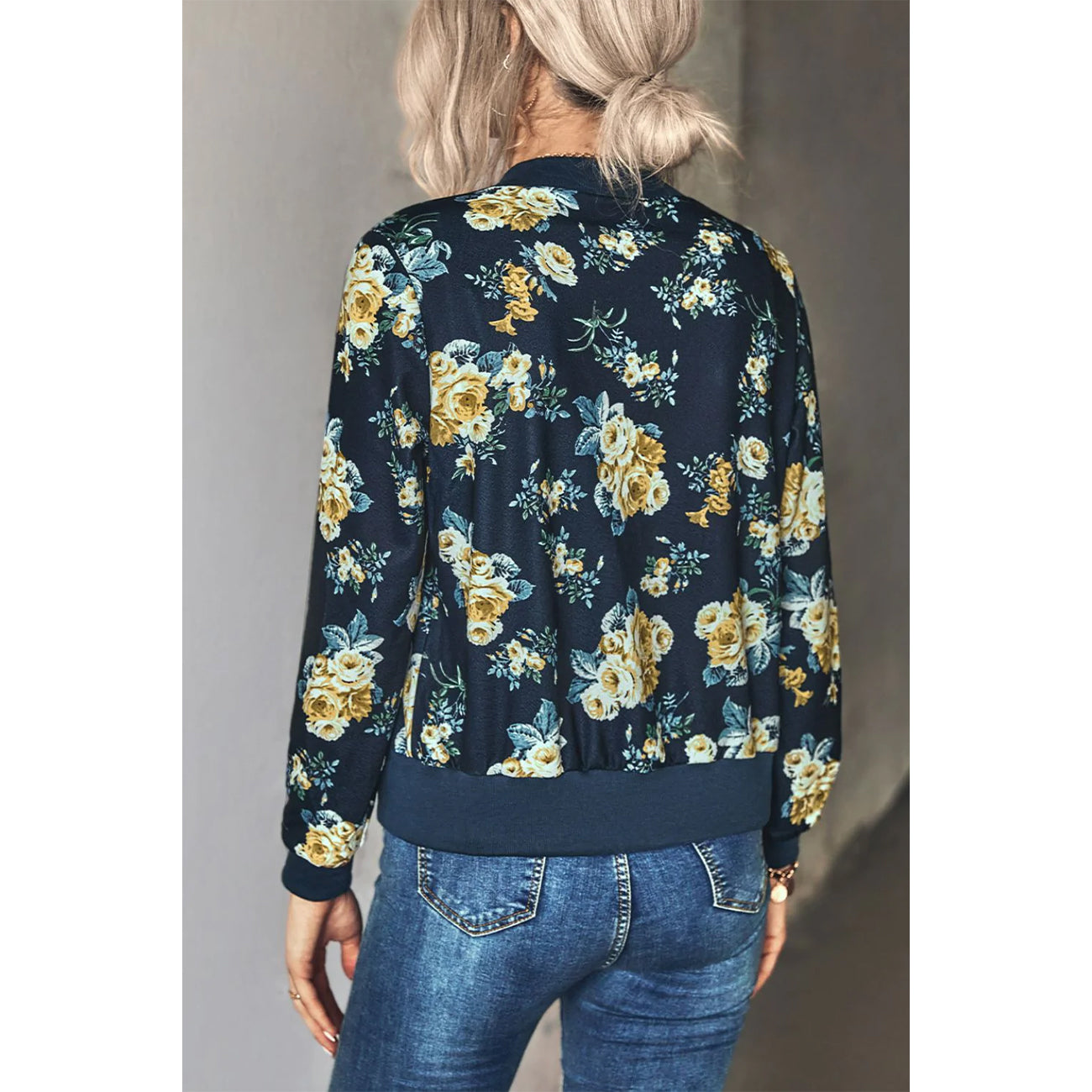 Floral Zip Up Ribbed Trim Bomber Jacket