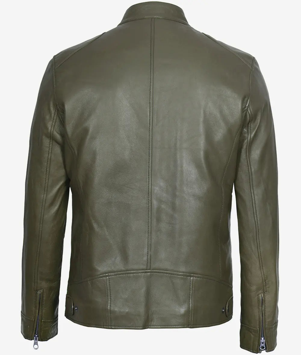 Dodge Military Green Cafe Racer Leather Jacket for Men