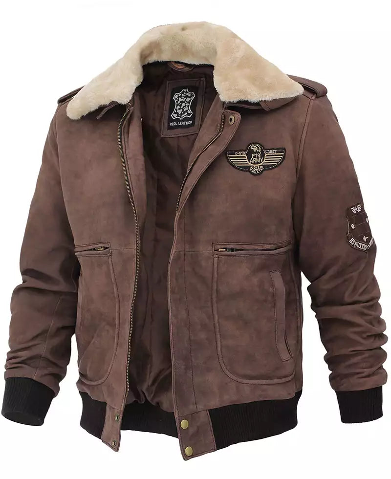 Men's G1 Brown Leather Bomber Aviator Jacket with Shearling Collar