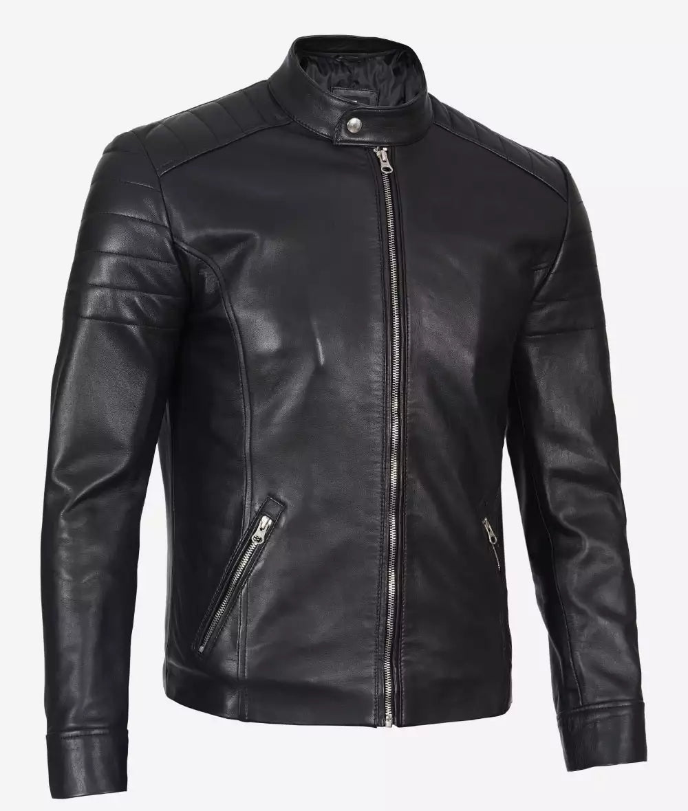 Men's Real Lambskin Leather Black Biker Jacket